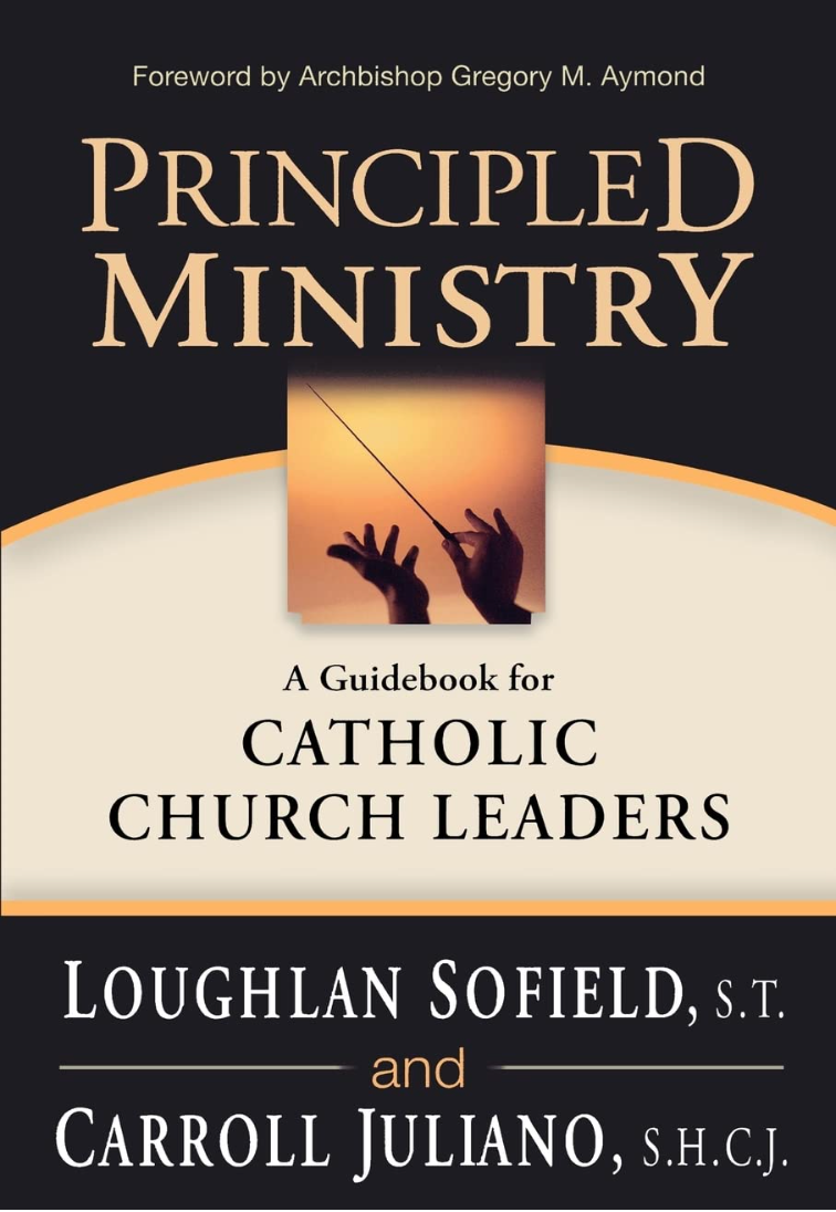 Book cover of 'Principled Ministry' by Loughlan Sofield and Carroll Juliano with a black background and gold text.