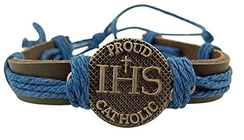 Bracelet with blue cord and 'Proud Catholic' badge on a white background