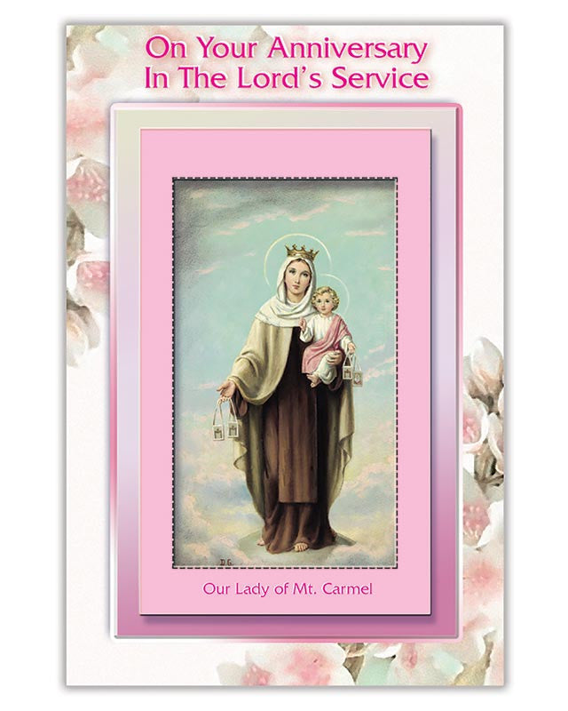 Greeting card with an illustration of a religious figure holding a child, framed by pink border and floral design.