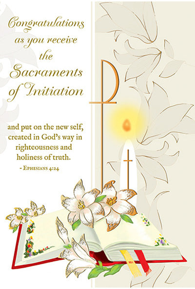 Card with religious symbols, text, and a candle on a white background
