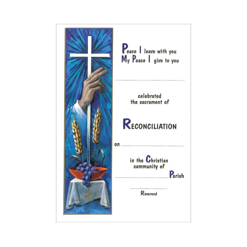 Decorative card with a cross, hand, and religious symbols on a blue background.