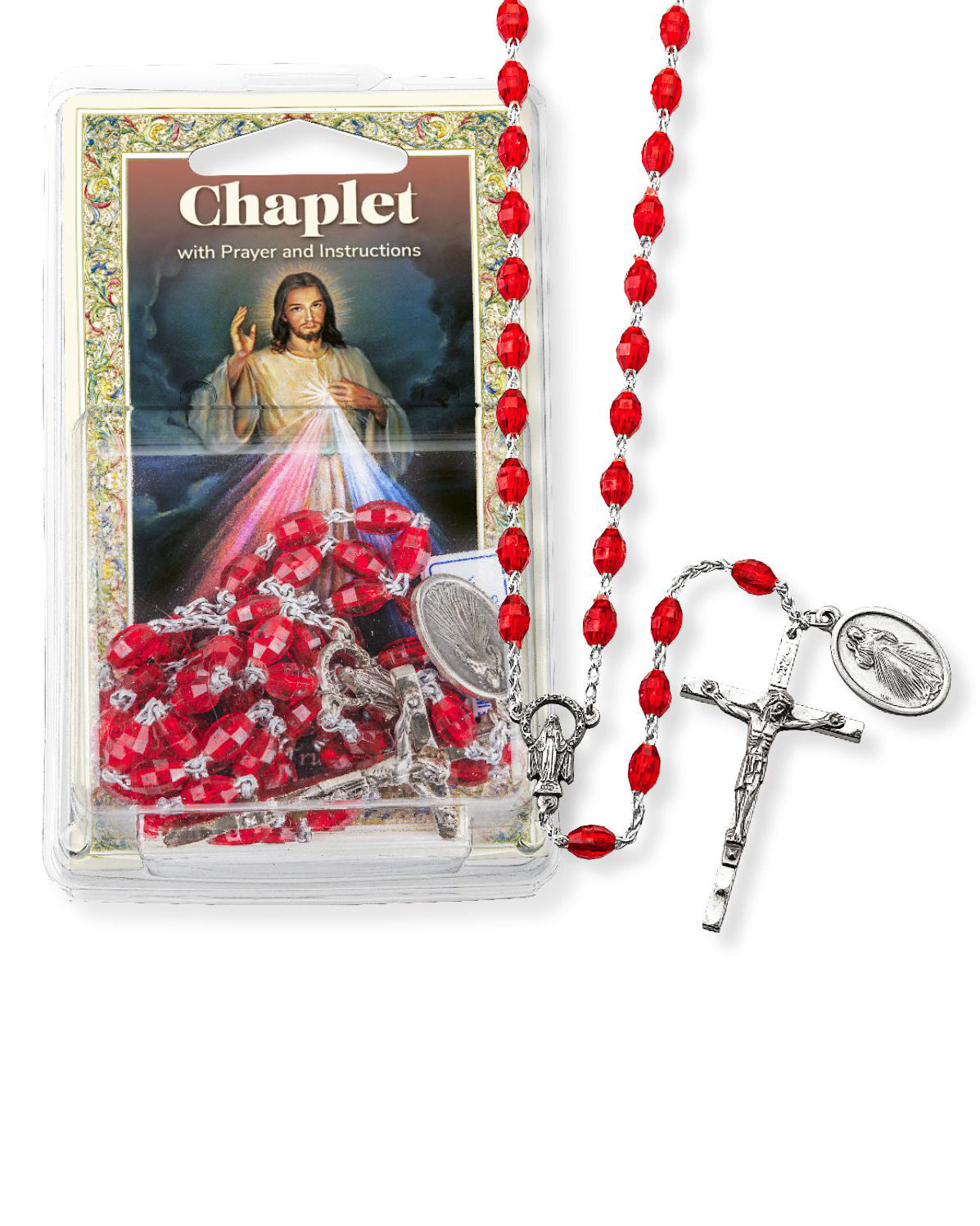 Red rosary with silver crucifix and medal, packaging featuring an image of Jesus, on a white background.