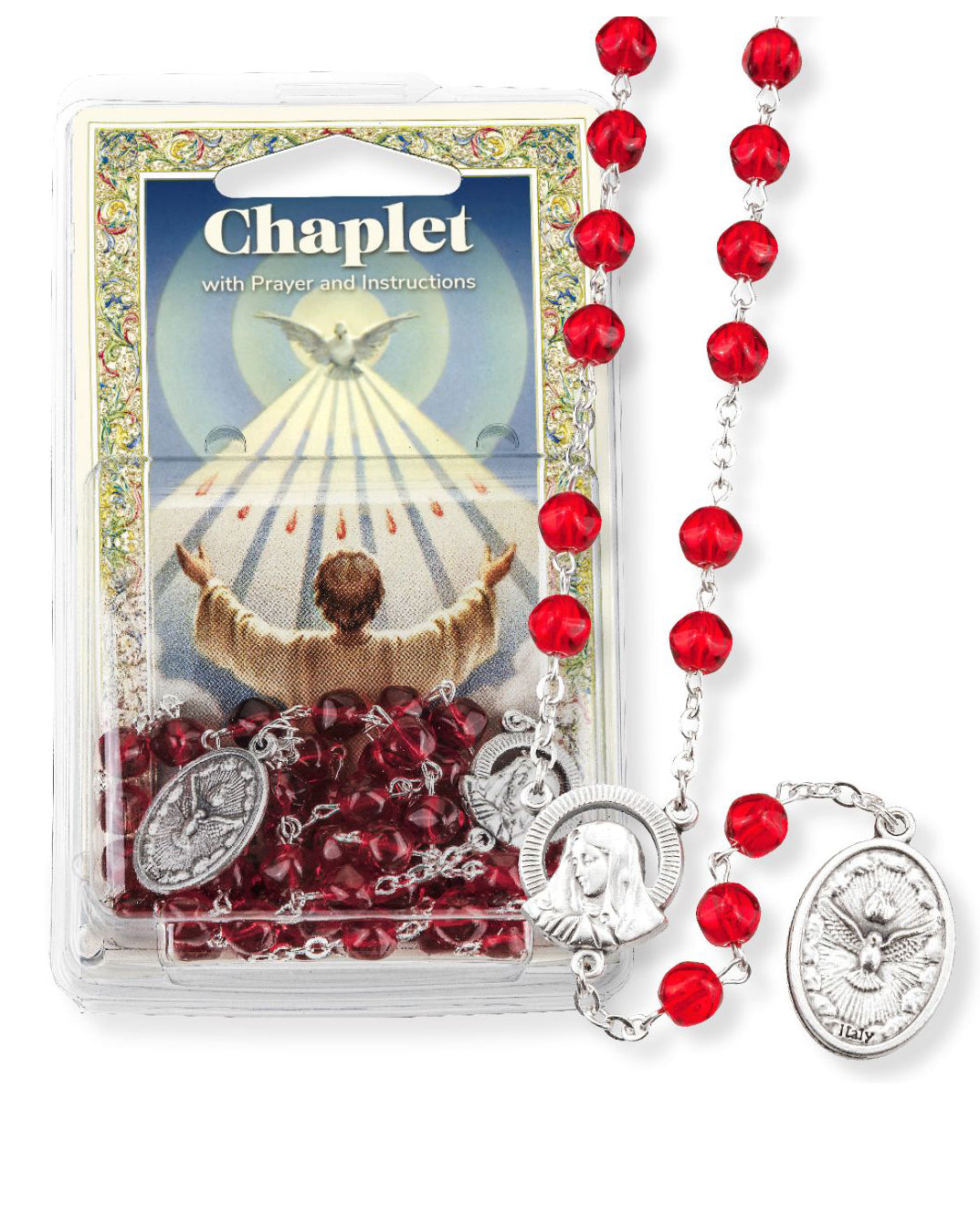 Red chaplet with silver medals and prayer card on a white background
