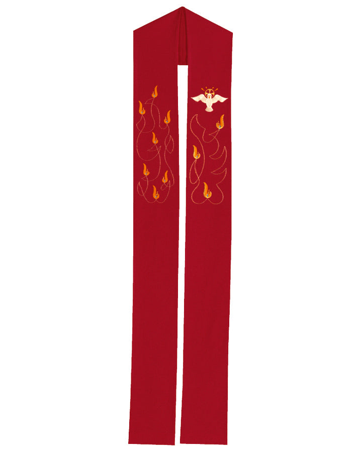 Red stole with embroidered design on a white background