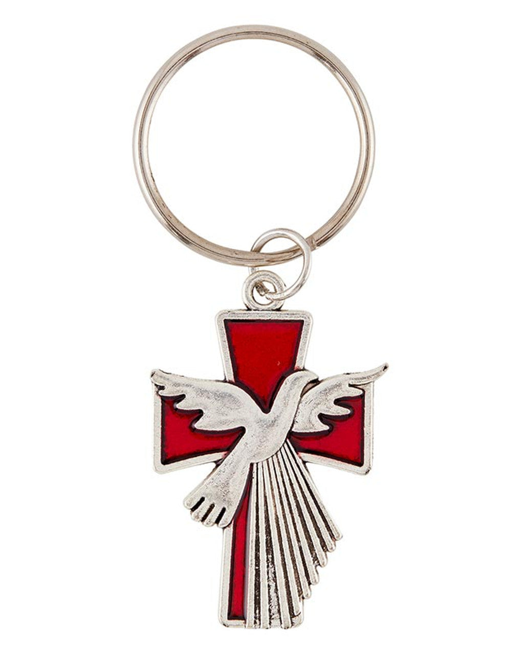 A keychain with a silver cross and red enamel accent, featuring a dove symbolizing the Holy Spirit.