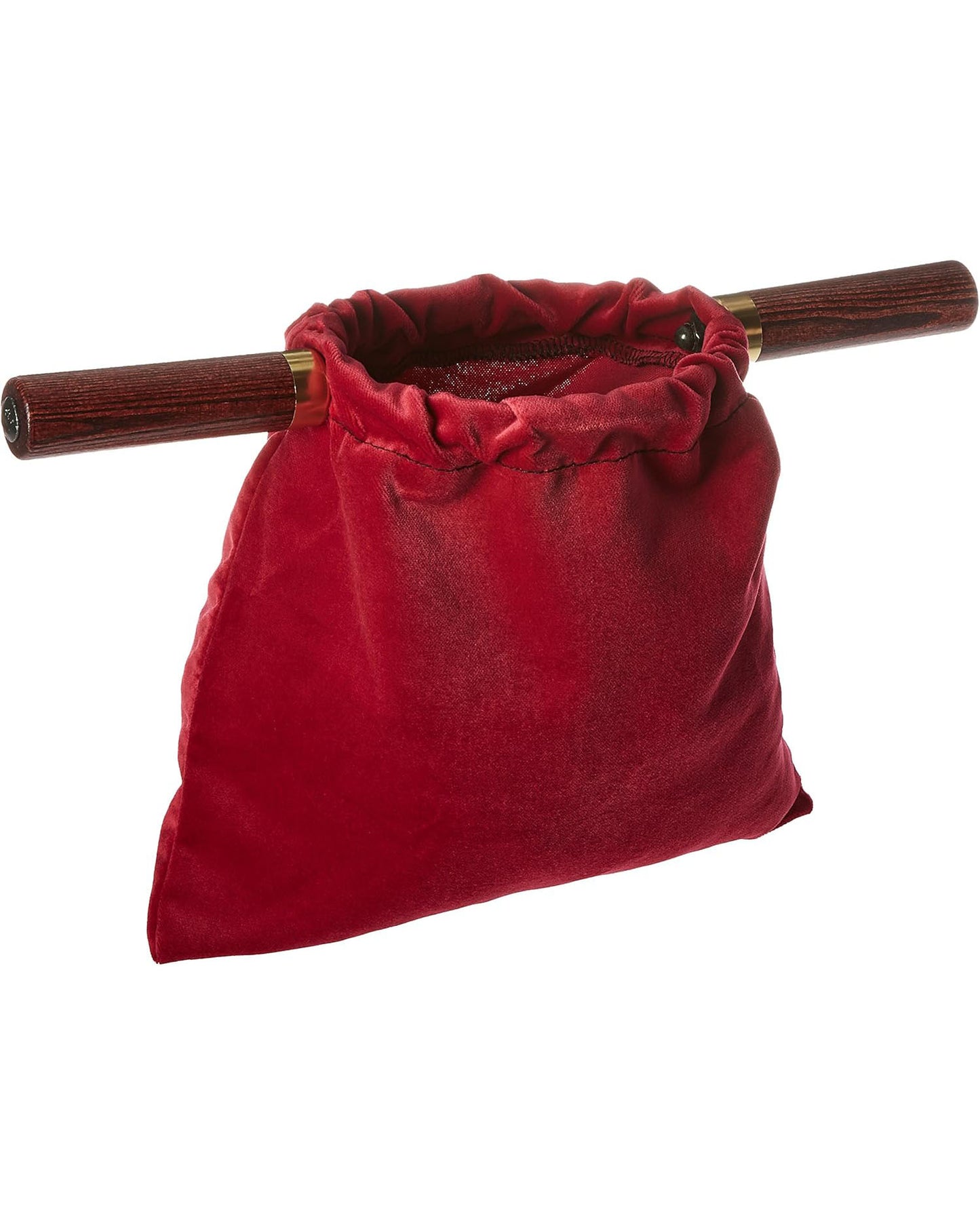 Red drawstring bag with a wooden handle on a white background