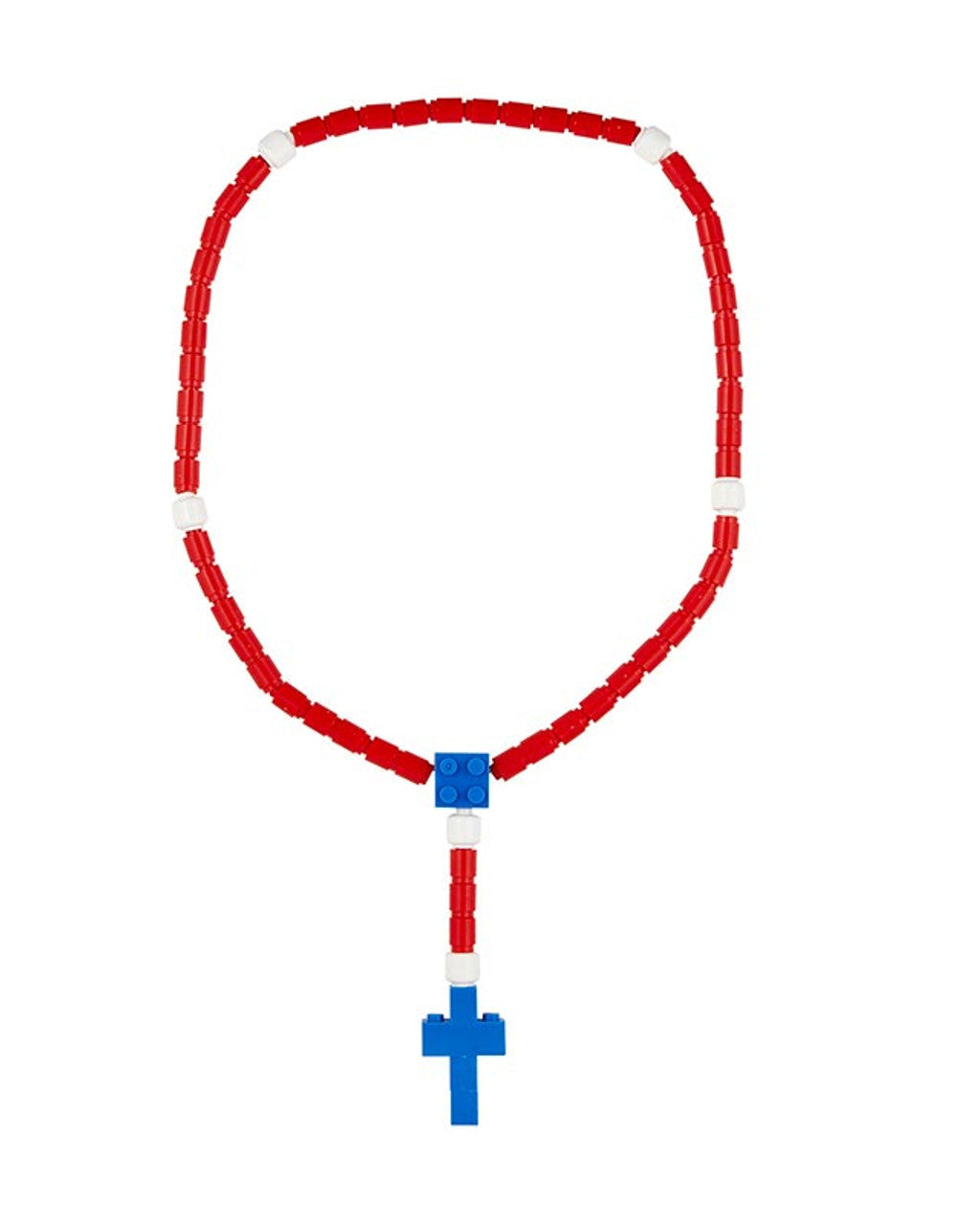 A rosary with red and white beads and a blue centerpiece and cross.