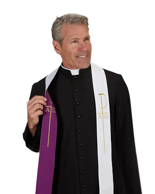 Priest wearing a black robe with a purple and white stole on a white background