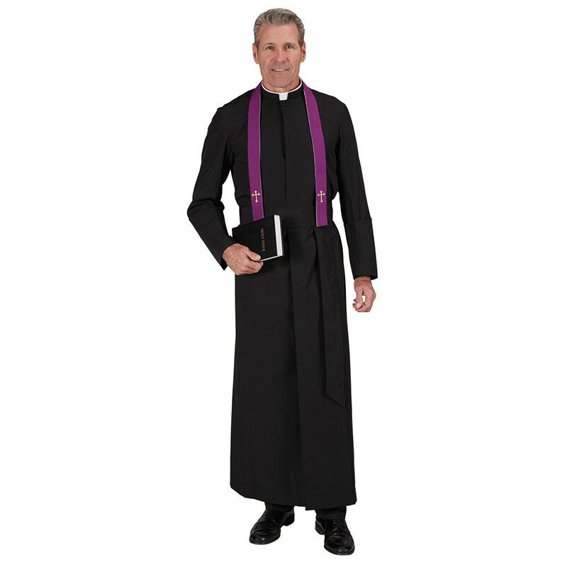 Man wearing a black robe with a purple stole on a white background