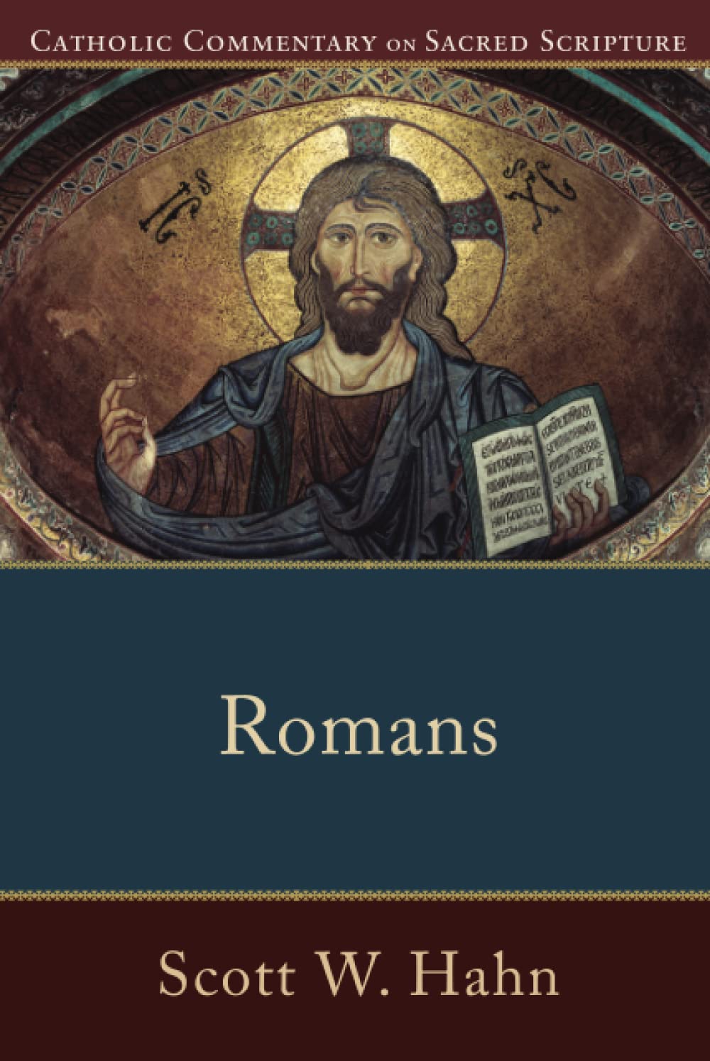 Book cover of 'Romans' by Scott W. Hahn with a religious illustration on a blue background