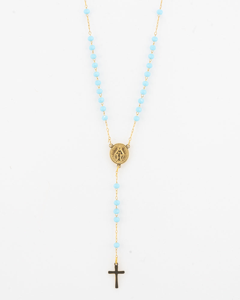 Rosario de collar azul claro y dorado