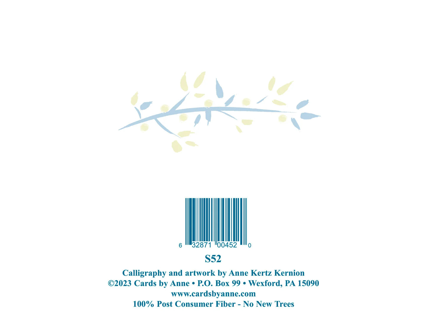 Back of a card with a barcode, leaf design, and contact information on a white background