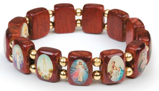 Bracelet extensible en bois de santal avec images de saints