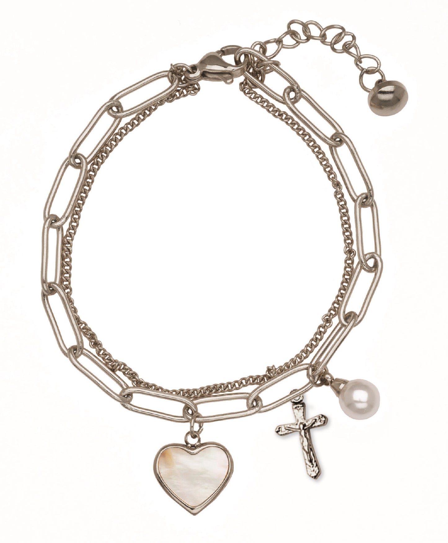 Bracelet en argent avec breloques cœur et crucifix