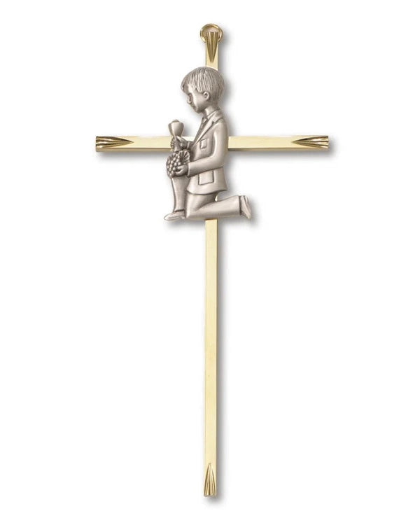 Brass Wall Cross with Communion Boy 7"