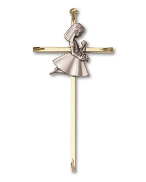 Pewter and Brass Communion Girl Wall Cross 7"