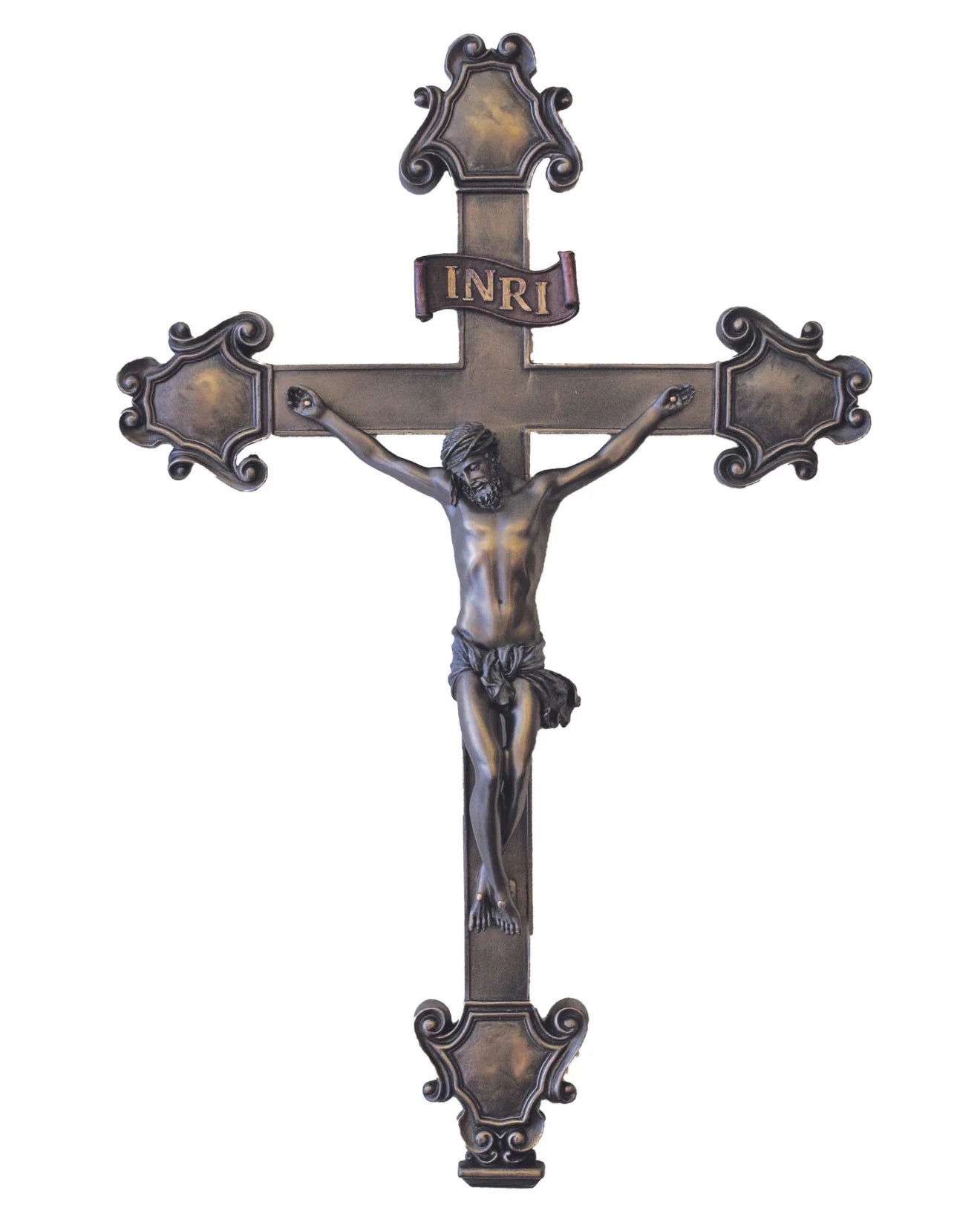Ornate Hand-Painted Bronze Wall Crucifix 16.5"