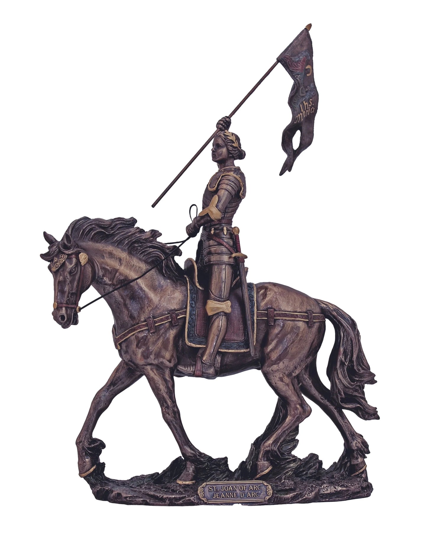 Bronze-Painted Statue of a Joan of Arc on horseback holding a flag on a white background