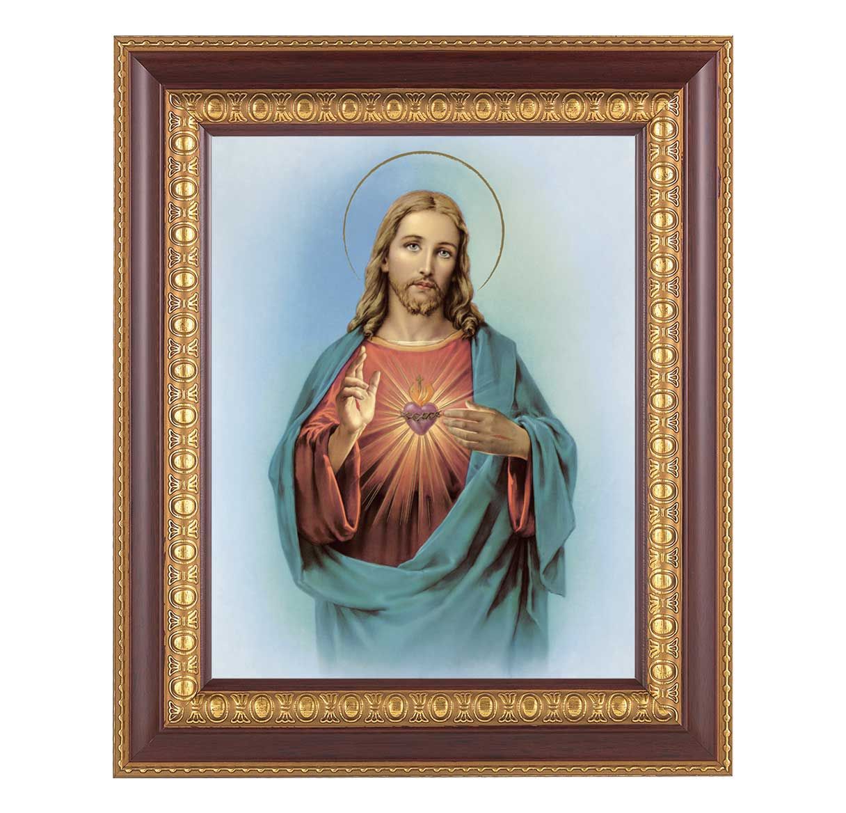 Framed artwork of a religious figure with a decorative brown and gold frame.