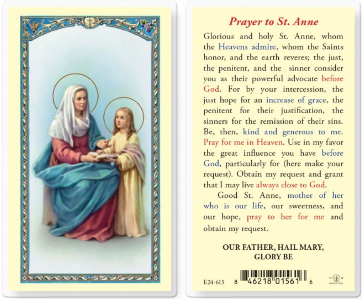Prayer card with illustration of a woman and child, featuring text on the back.