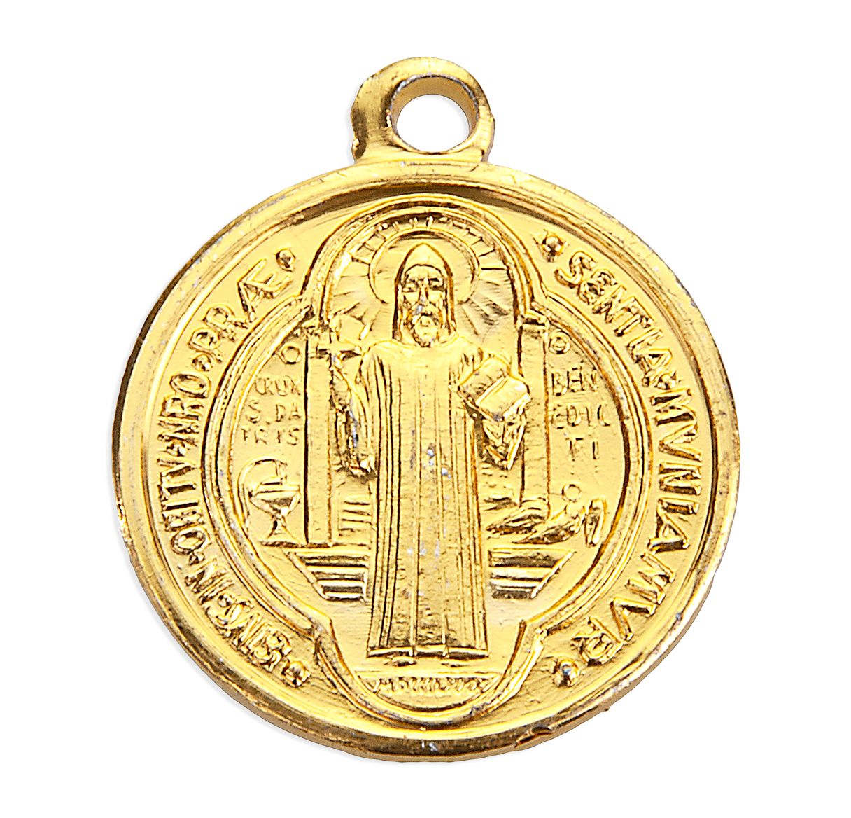 Gold medal with religious design on a white background