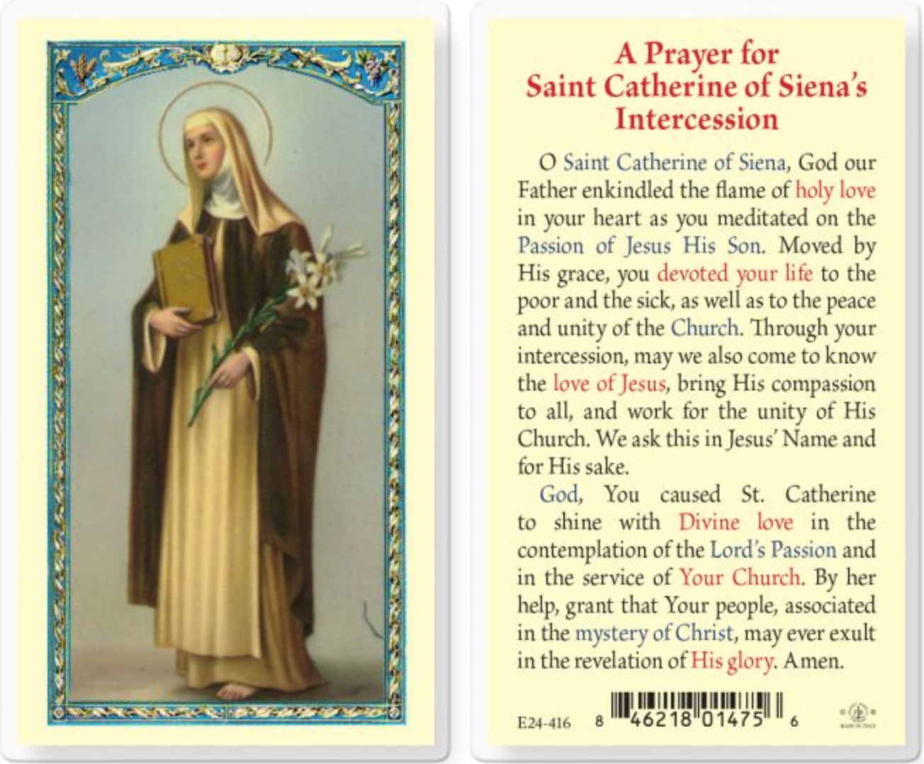 Saint Catherine of Siena Holy Card