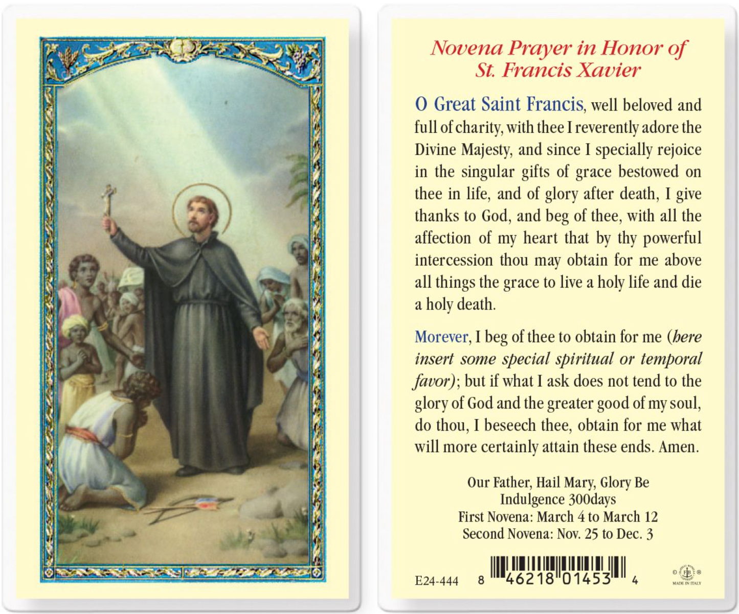 Novena prayer card in honor of St. Francis Xavier with an illustration on one side and text on the other.