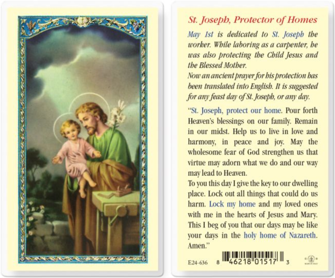 Saint Joseph Protection of Homes Holy Card