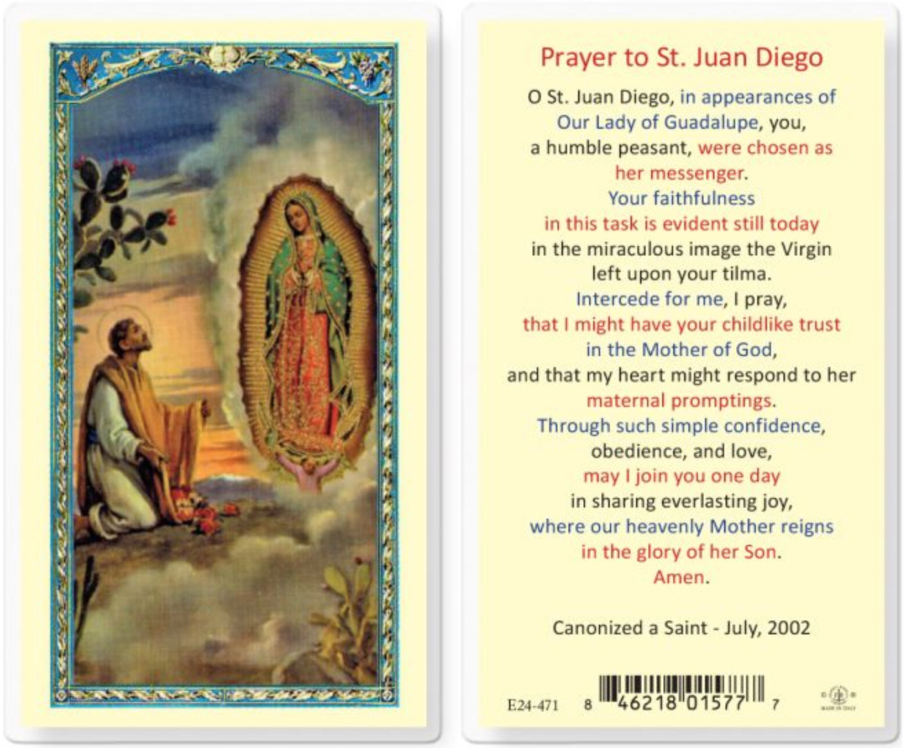 Prayer to St. Juan Diego with Our Lady of Guadalupe Holy Card