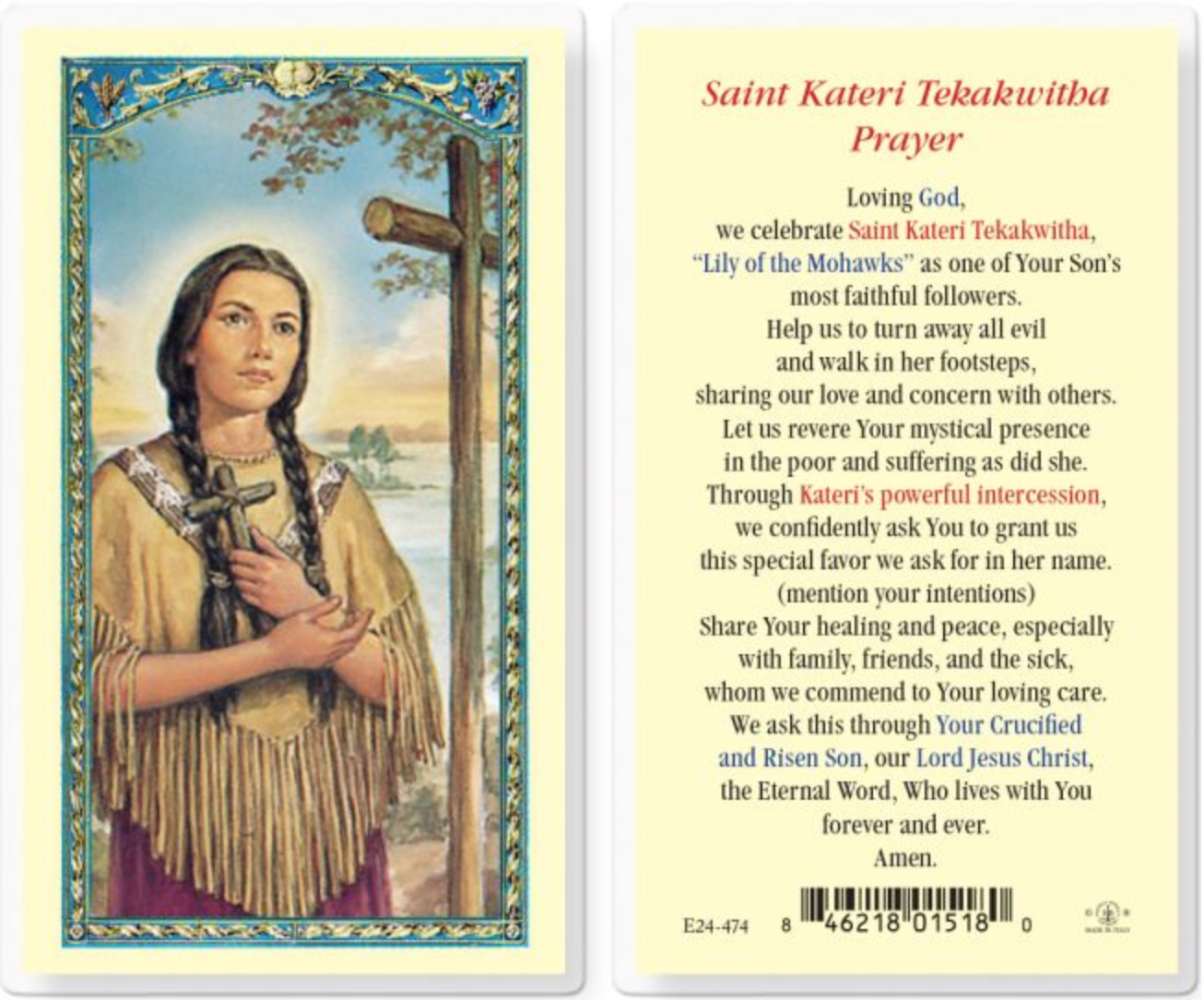 Laminated prayer card featuring Saint Kateri Tekakwitha with a colorful border and text.