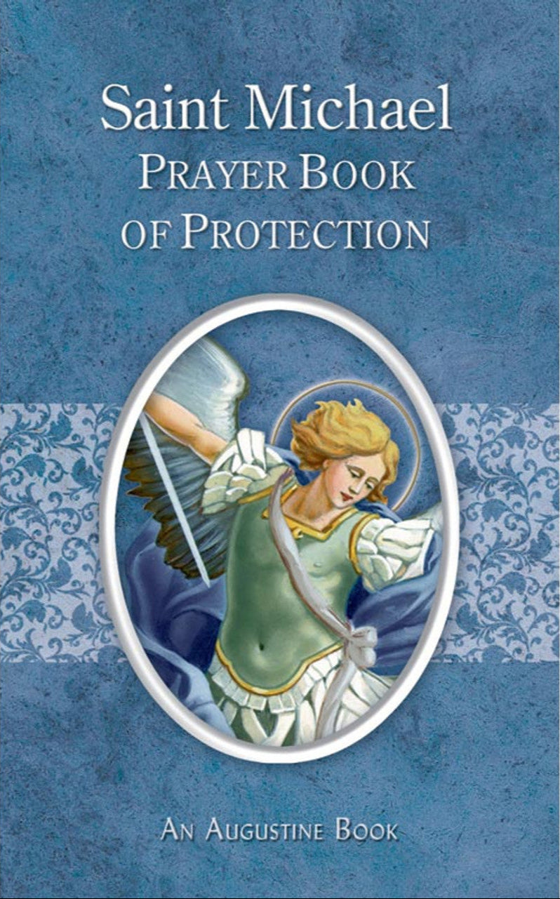 Book cover of 'Saint Michael Prayer Book of Protection' with an illustration of Saint Michael on a blue background.