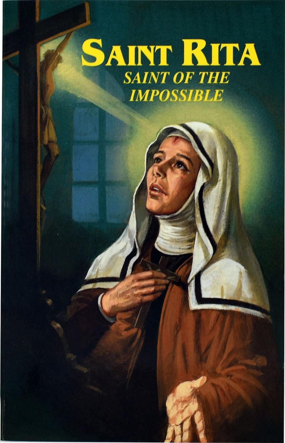 Poster of Saint Rita with a cross and text 'Saint of the Impossible' on a blue background