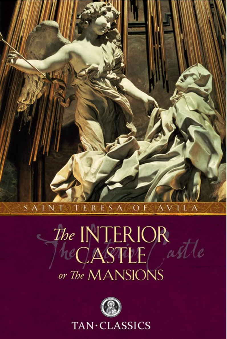 Book cover of 'The Interior Castle or The Mansions' by Saint Teresa of Avila with a purple background and classical sculpture illustration.