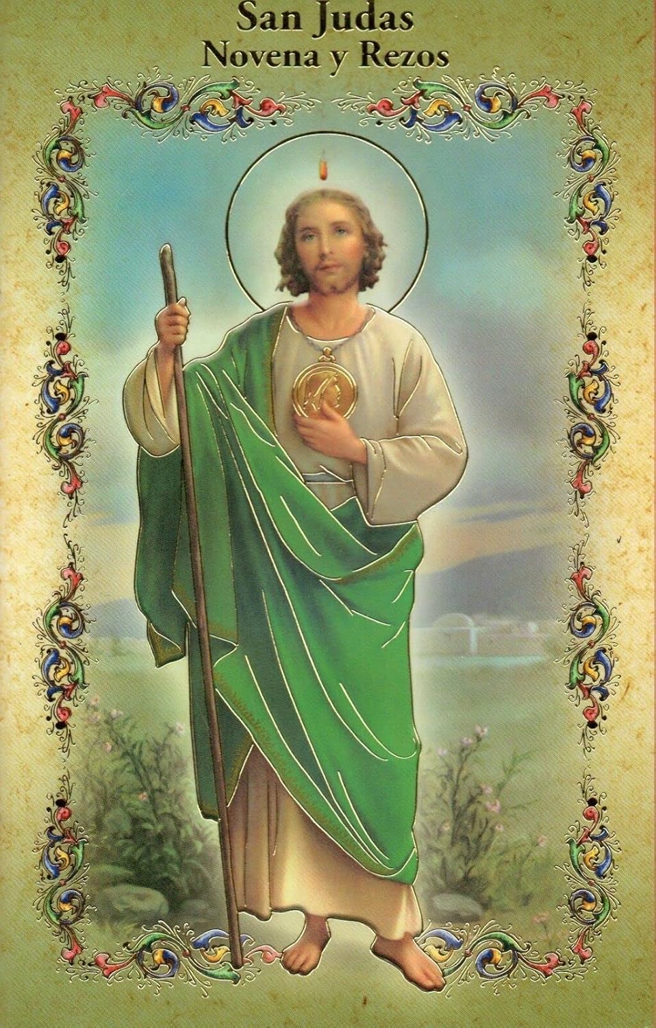 Saint Judas Thaddeus with decorative border and text at the top