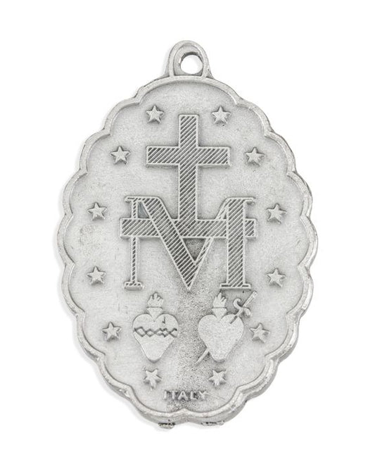 Medalla Milagrosa festoneada en azul y plata envejecida de 5.8 cm