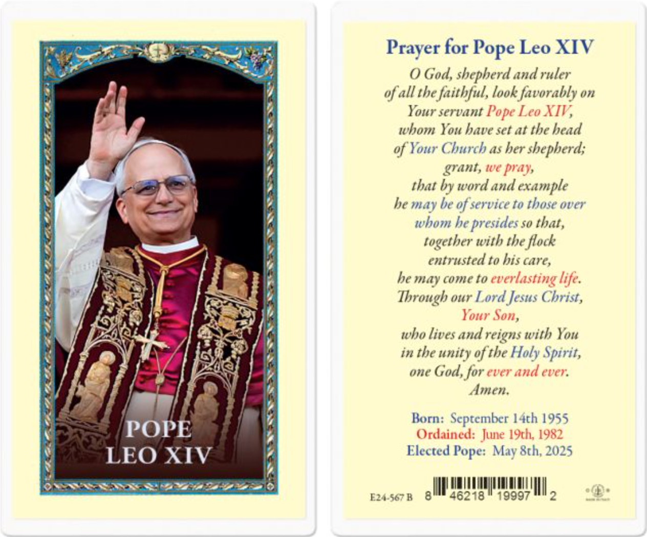 Pope Leo XIV Laminated Holy Card