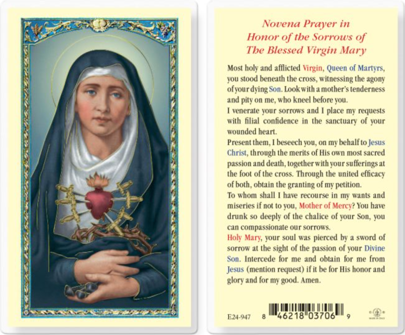 Seven Sorrows of Mary Holy Card