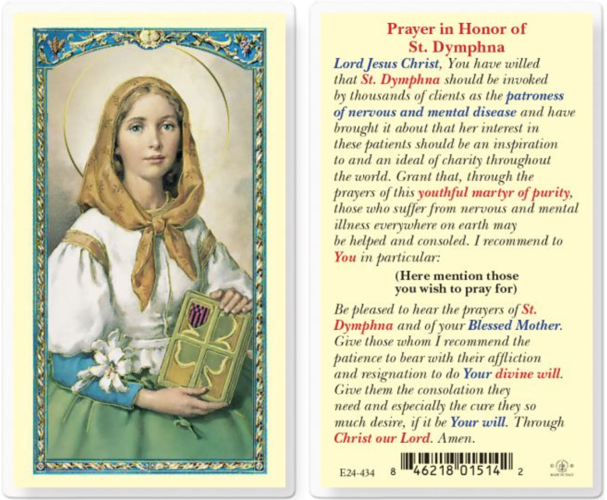 Prayer in Honor of Saint Dymphna Holy Card