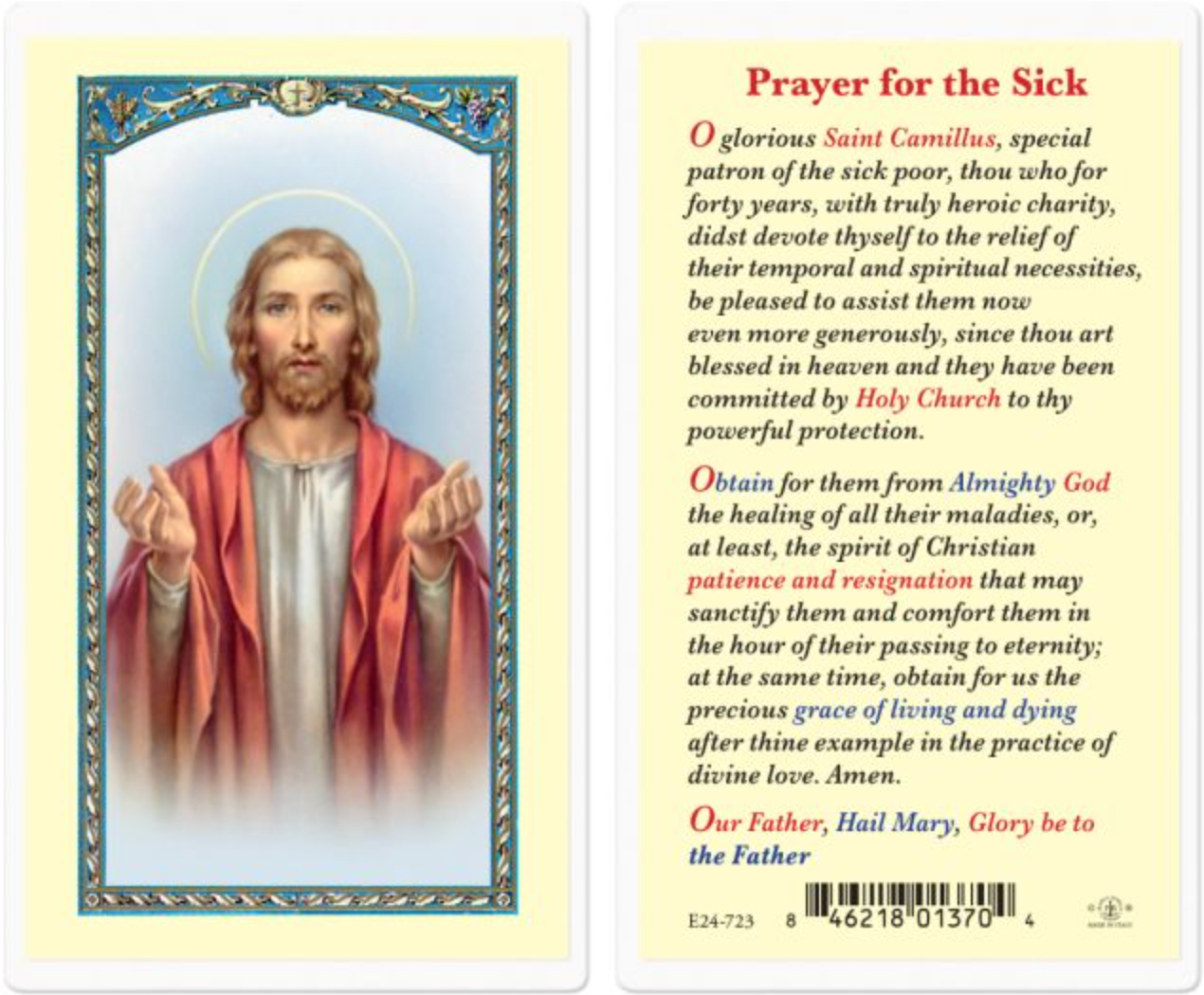 Prayer for the Sick with Christ Holy Card