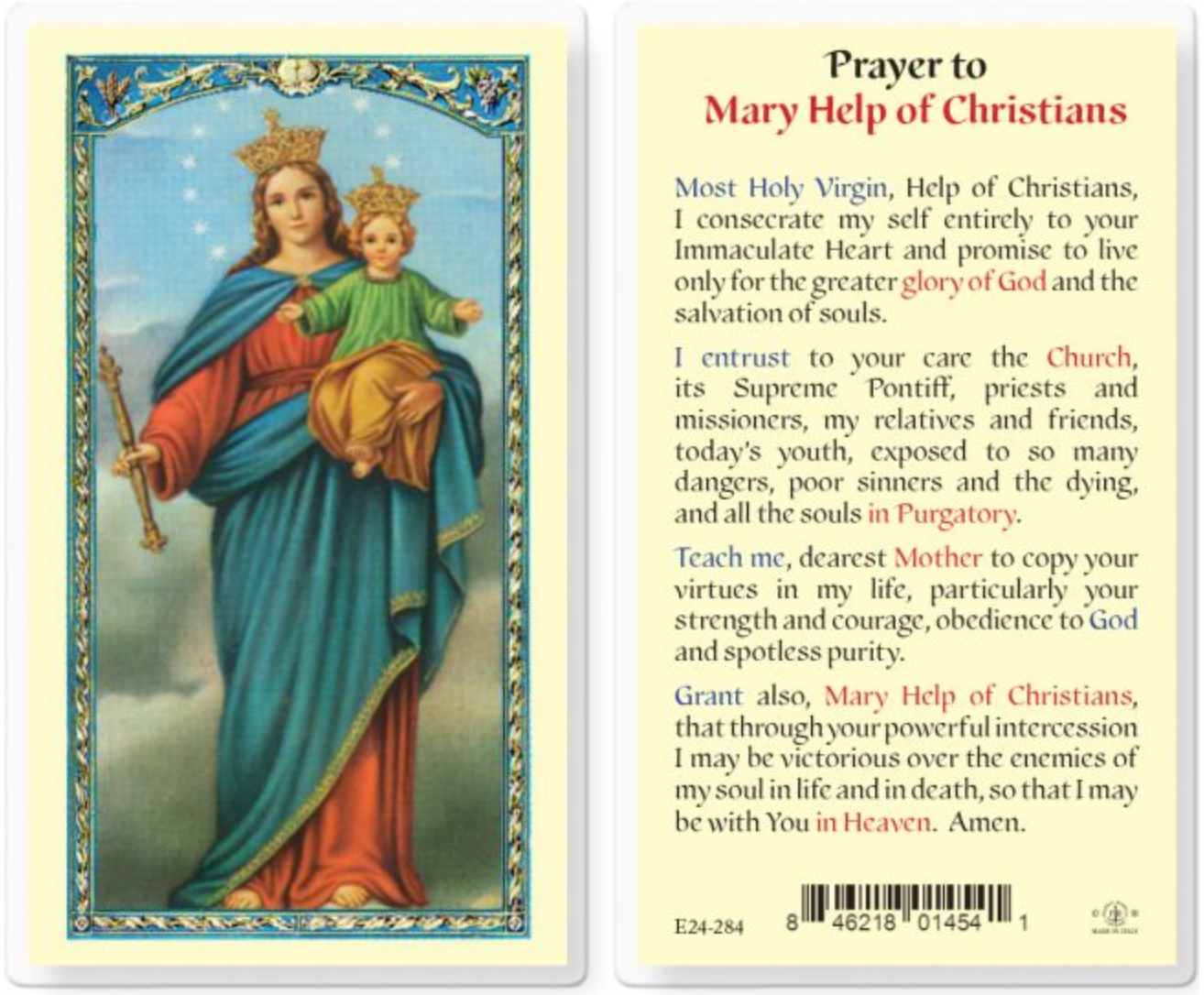Prayer to Mary Help of Christians Holy Card