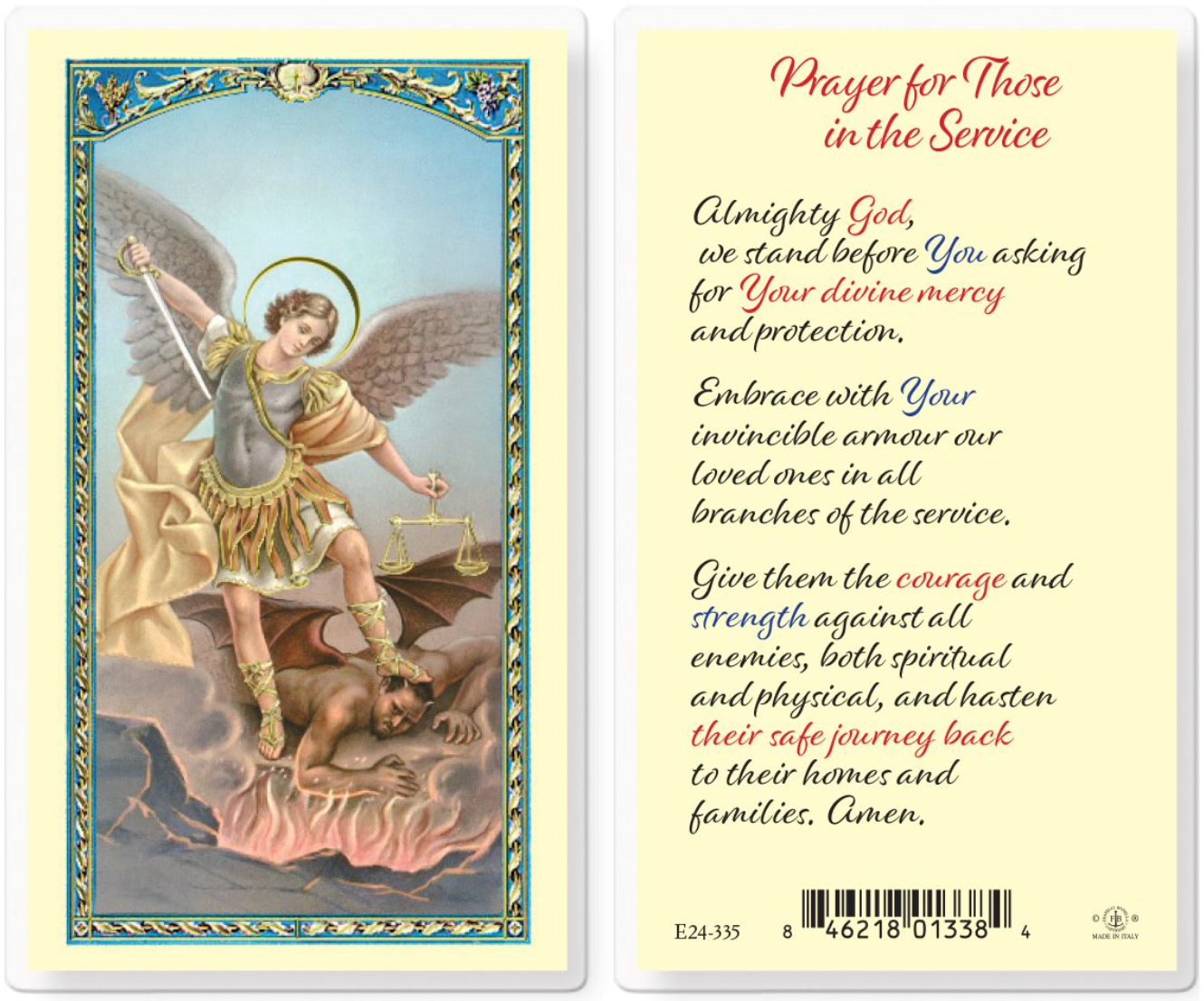 Prayer card with an angelic illustration and text on a light blue background