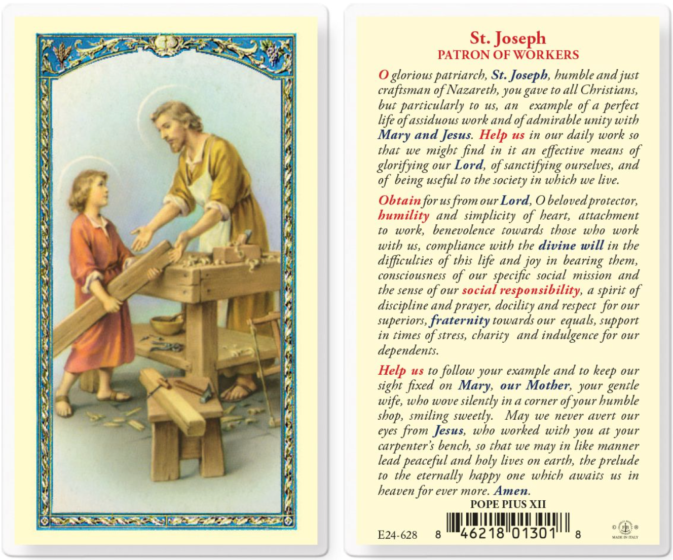 St. Joseph Patron of Workers Holy Card