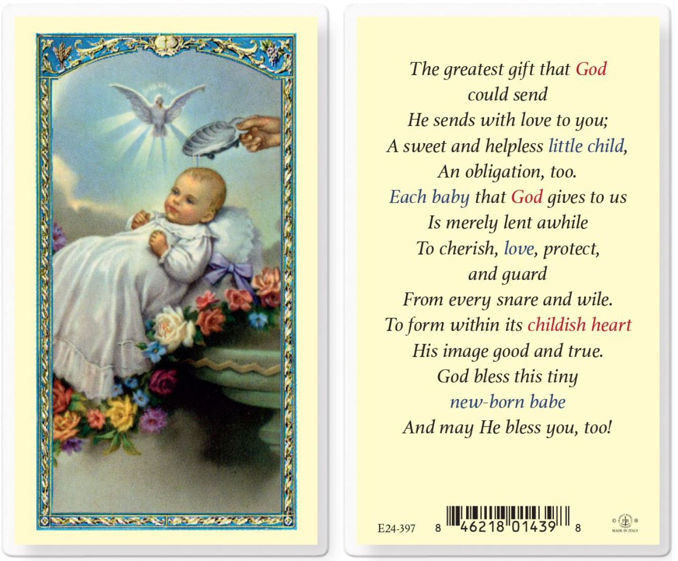 Baby's Baptismal Laminated Holy Card