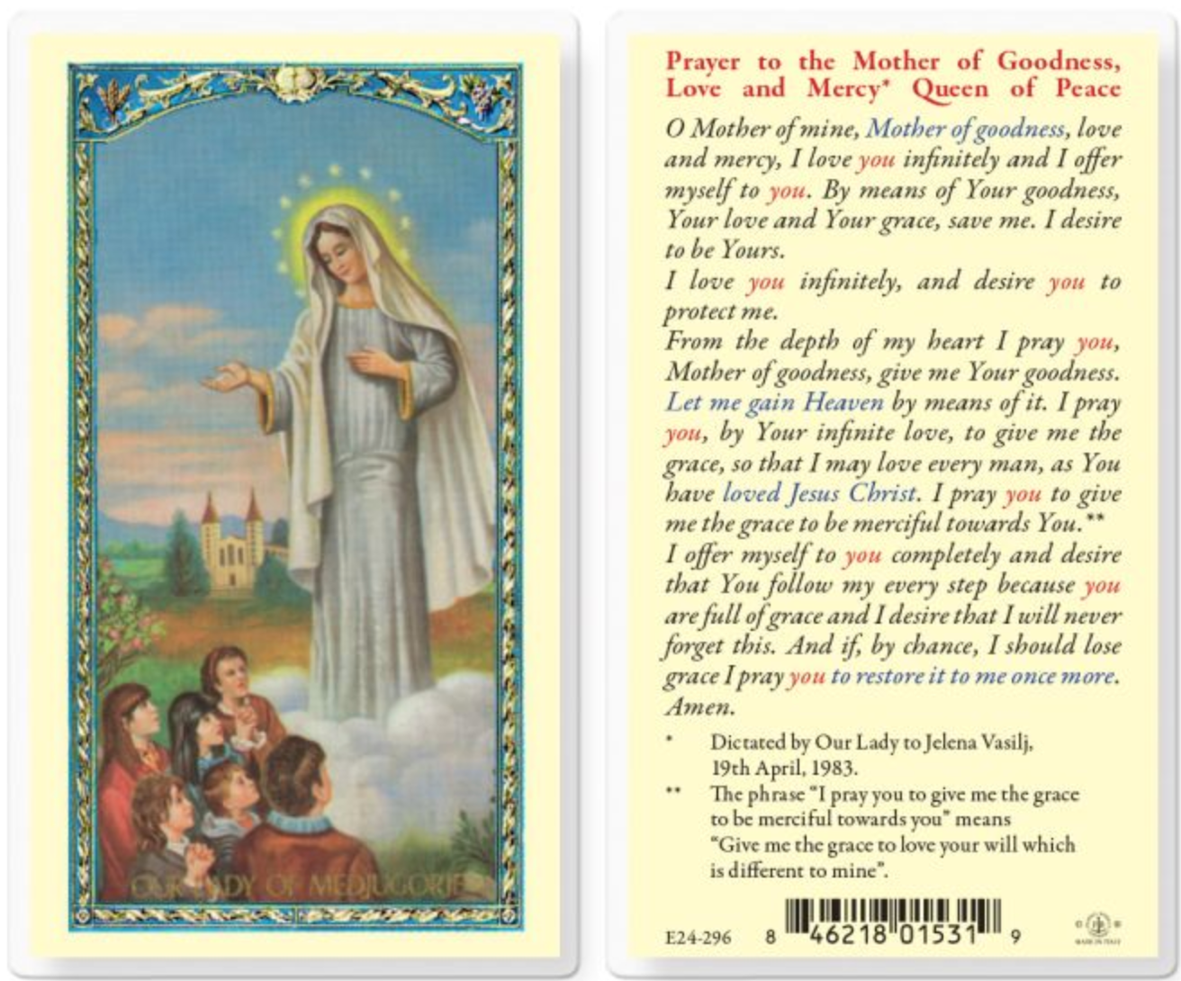 Our Lady of Medjugorje Holy Card