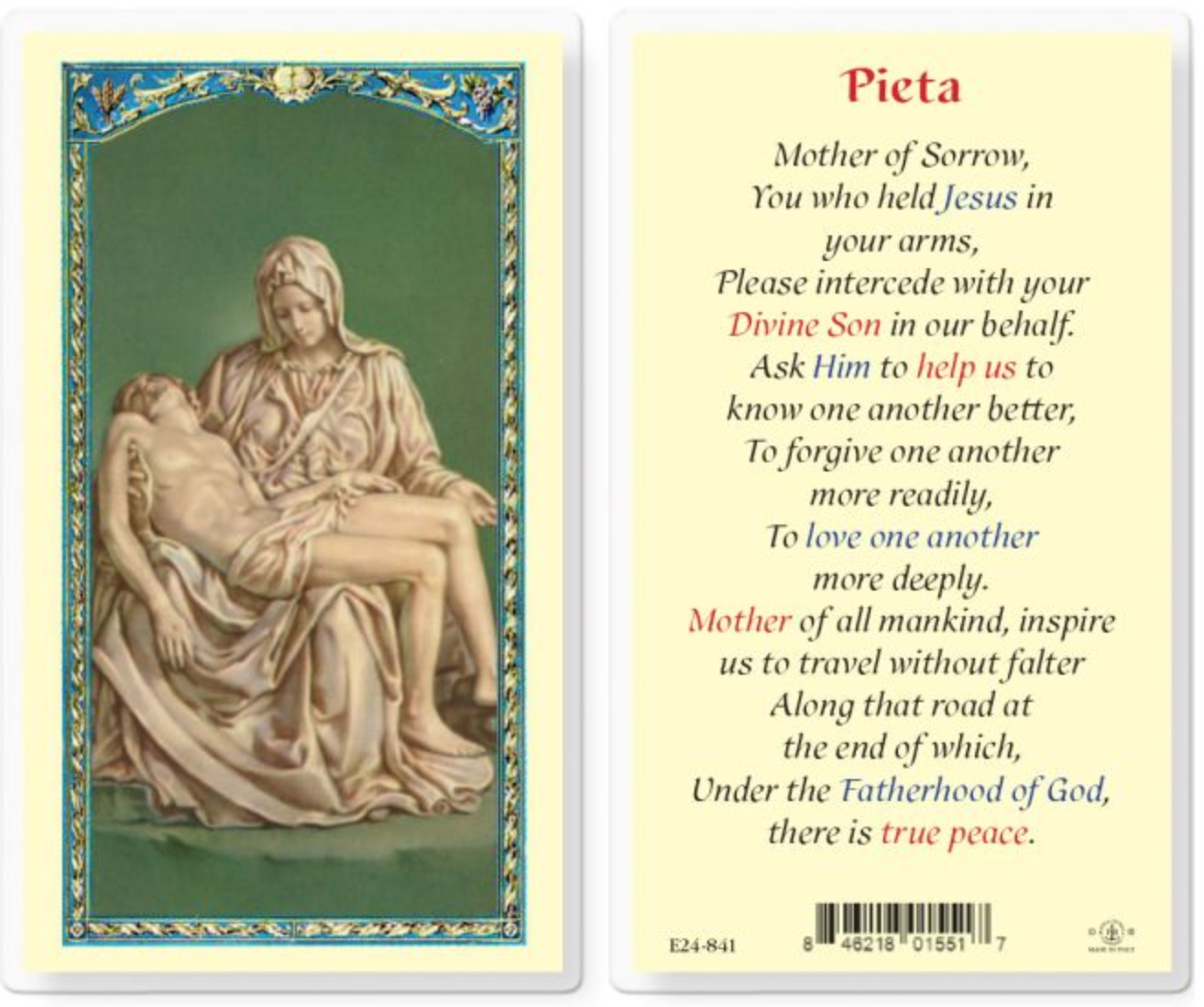 Pieta with Mother of Sorrow Holy Card