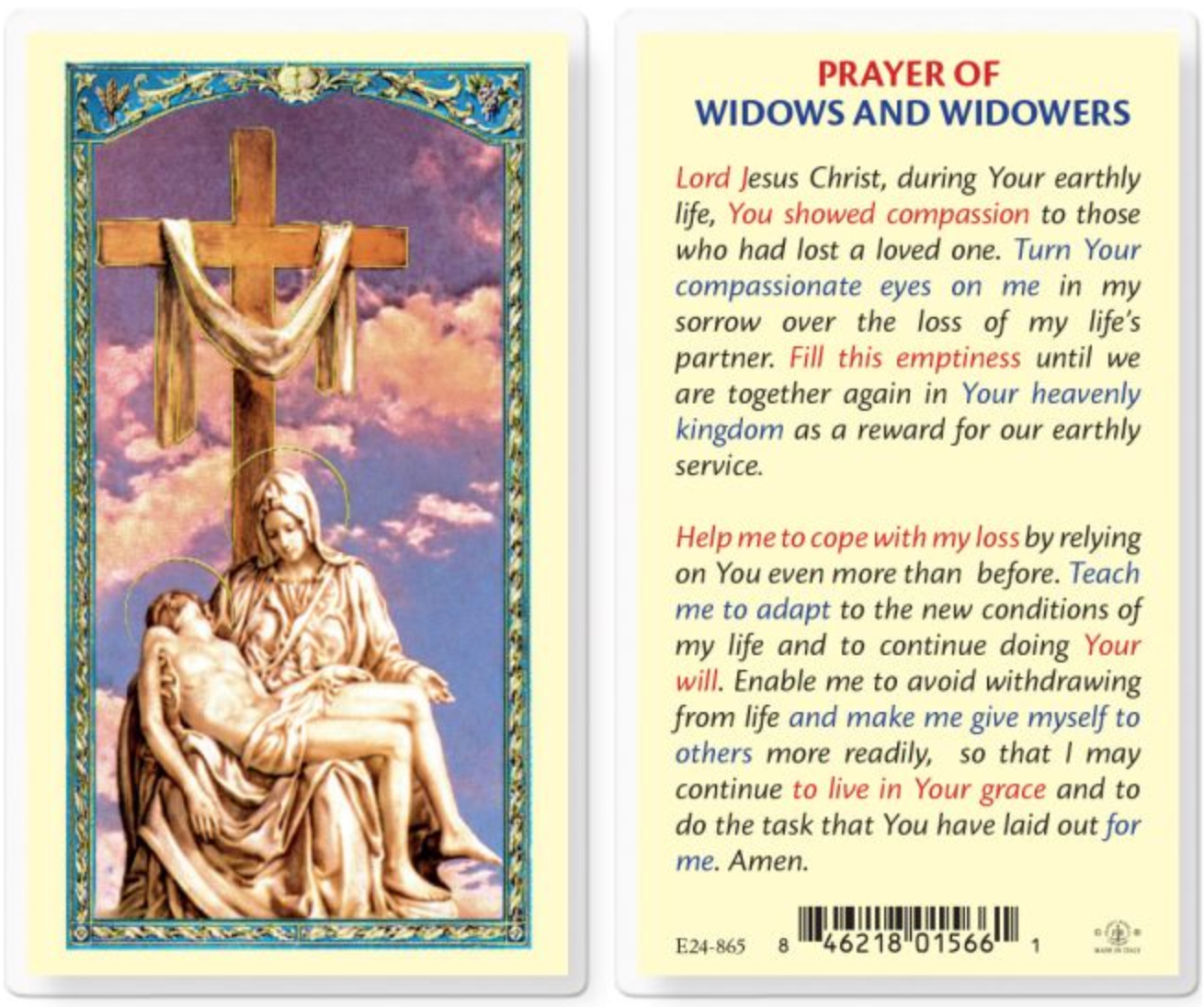Prayer for Widows and Widowers Holy Card