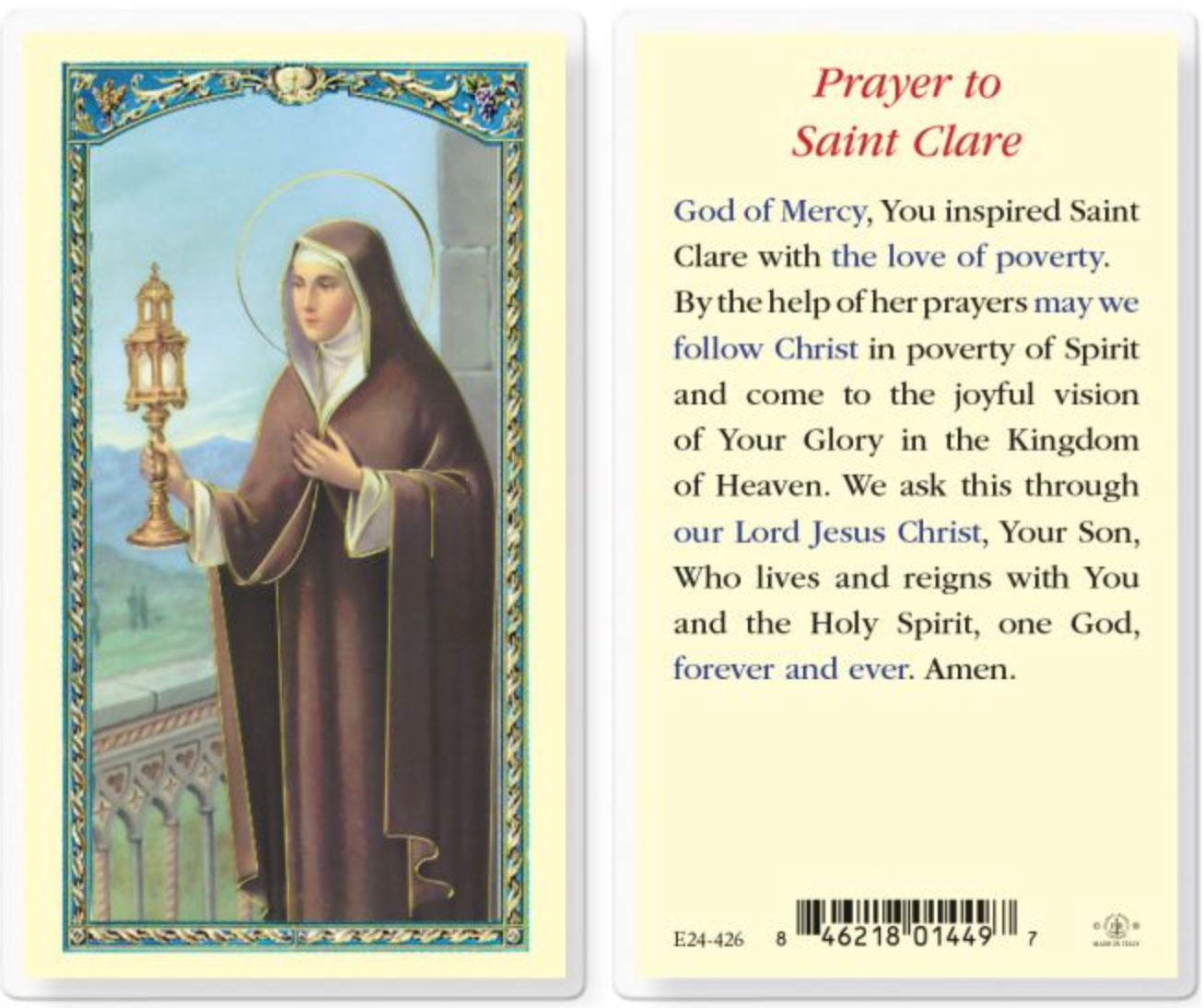 Prayer to St. Clare Holy Card