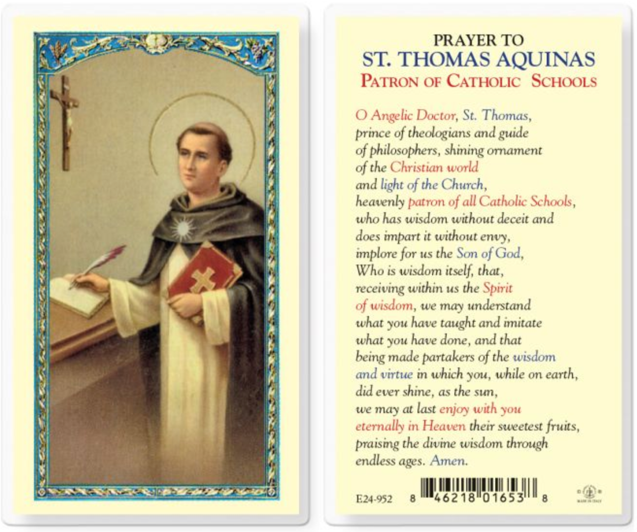 Prayer to St. Thomas Aquinas Patron of Catholic Schools Laminated Holy Card