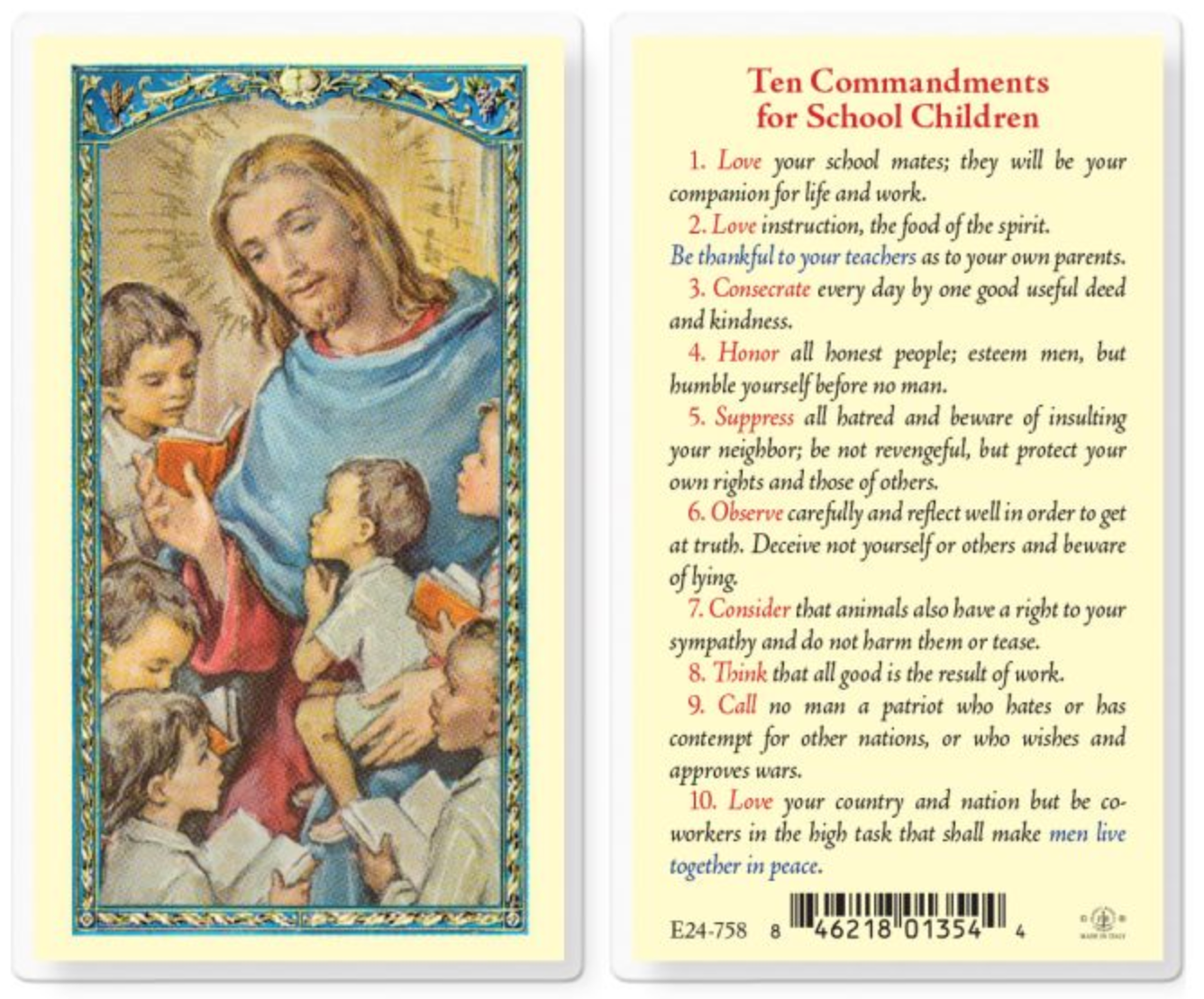 Ten Commandments for School Kids Holy Card