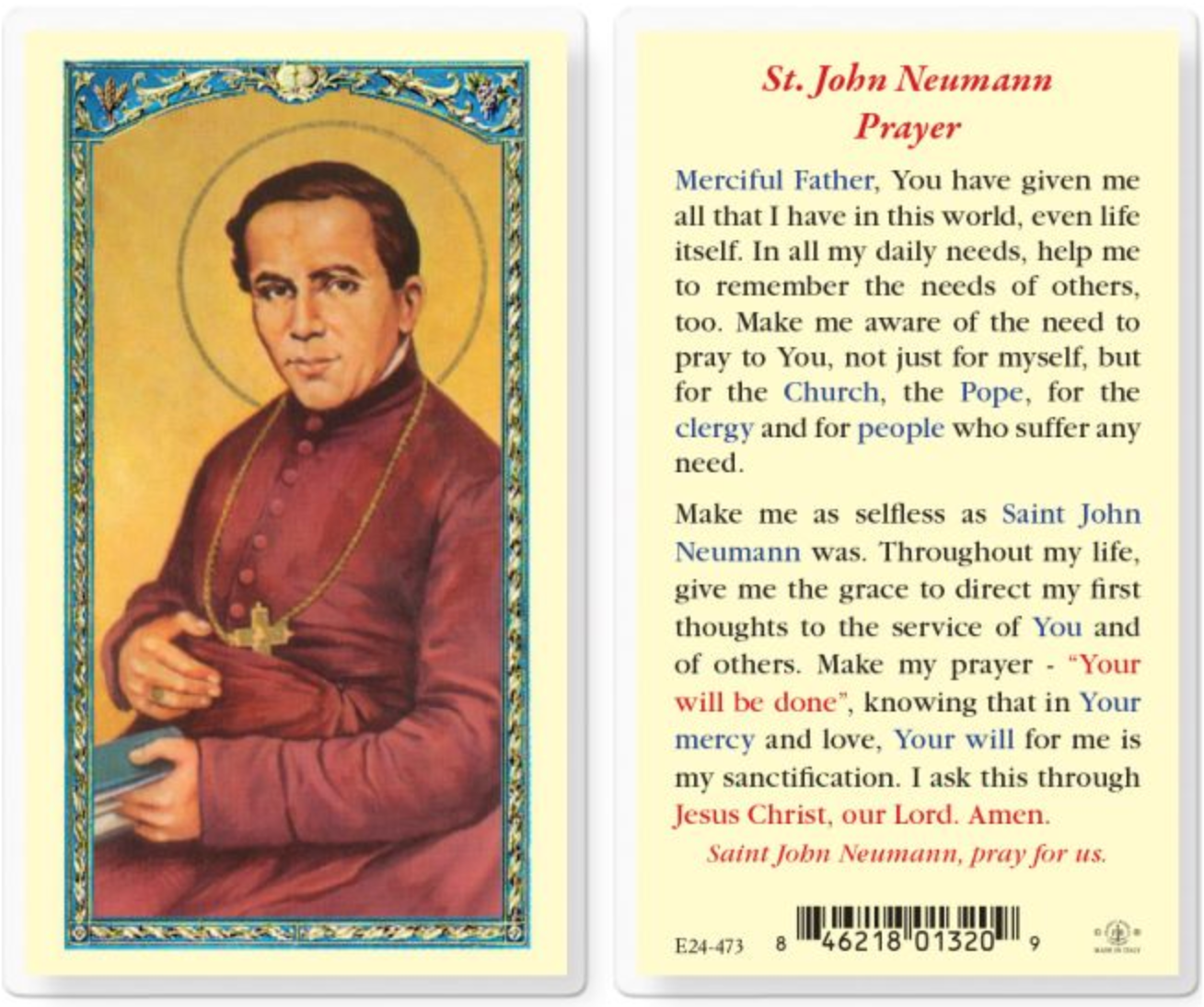 Saint John Neumann Holy Card